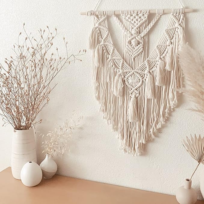Macrame Wall Hanging, Handmade Boho Woven Wall Hanging with Tassel, Wall Decor for Bedroom Living Room Nursery Apartment (White)