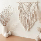 Macrame Wall Hanging, Handmade Boho Woven Wall Hanging with Tassel, Wall Decor for Bedroom Living Room Nursery Apartment (White)