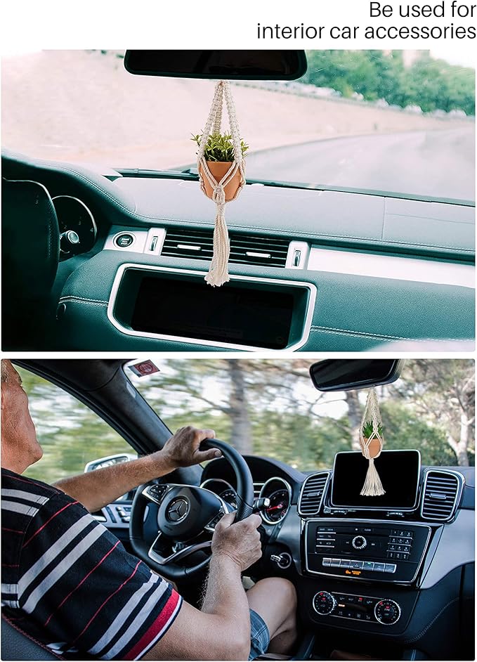 Macrame Plant Hangers, 3 Pcs Plant Hangers with Artificial Succulent Plants, Interior Car Accessories for Women, Rear View Mirror Accessories by MoHern