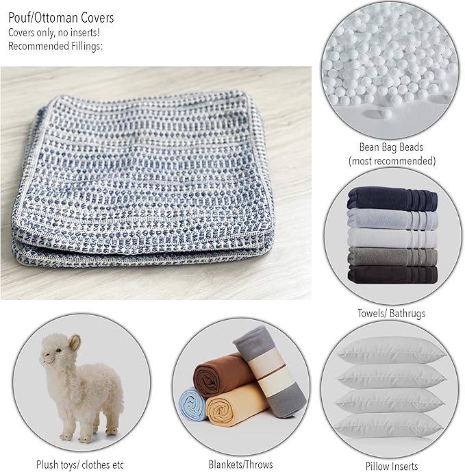 Chardin home UNSTUFFED Ottoman, Cozy & Bohemian Pouf Covers, Hand Crafted Casual Seating, Footrest, Square Floor Pillow for Home, Office, Bedroom, Living Room, 16.5" x 16.5"x 12.9", Blue-Off White
