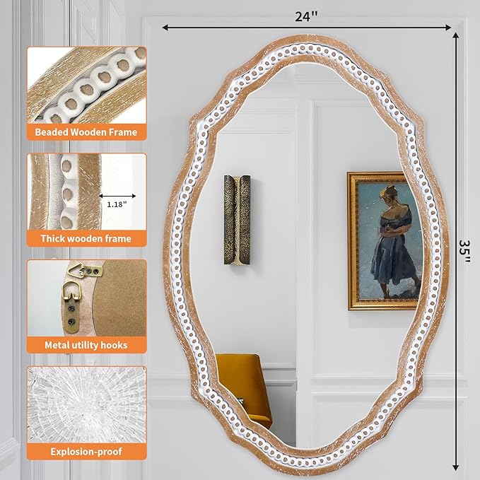 24x35 Inches Wooden Farmhouse Oval Mirror for Wall Decor, Living Room, Bedroom, Bathroom Rustic Decorative Mirrors for Entryway - Vertical or Horizontal Hanging