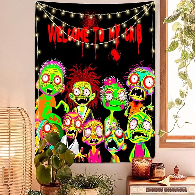 Horror Tapestry Blacklight Tapestry for Bedroom Zombie Crowd Around Tapestries UV Reactive Poster Glow in the Dark Walker Undead Ghoul Tapestries Wall Hanging Halloween Decor Scary Room Decor 90"x71"