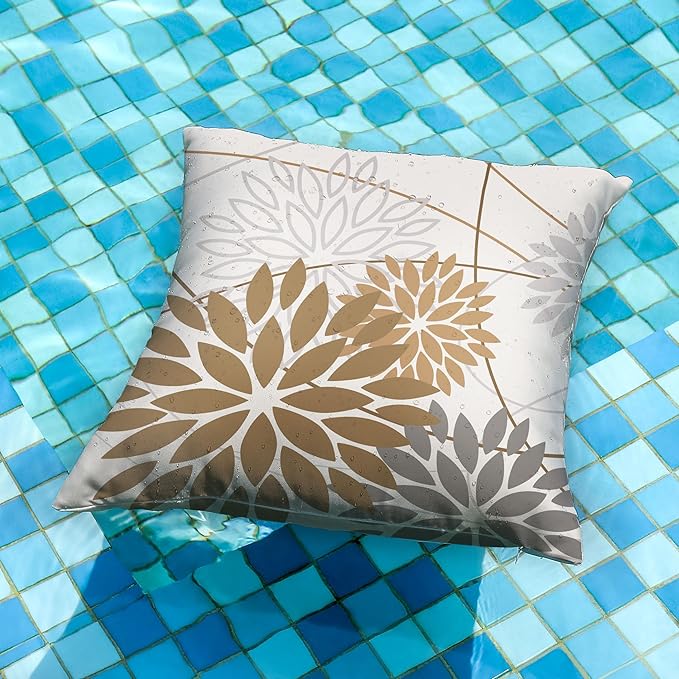 DFXSZ Brown Grey Outdoor Pillow Cover 18X18 Inch Set of 2 Outdoor Waterproof Summer Floral Brown Decorative Pillow case Decor for Couch Patio Funiture Garden Print Polyester Cushion Cover 01E18