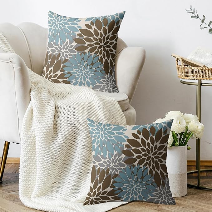 Brown Blue Grey Gray Pillow Covers 16X16 Inch Set of 2, Summer Modern Geometry Dahlia Floral Print Decorative Throw Pillow Covers Outdoor Farmhouse Cushion Case for Couch Sofa Bed Decor