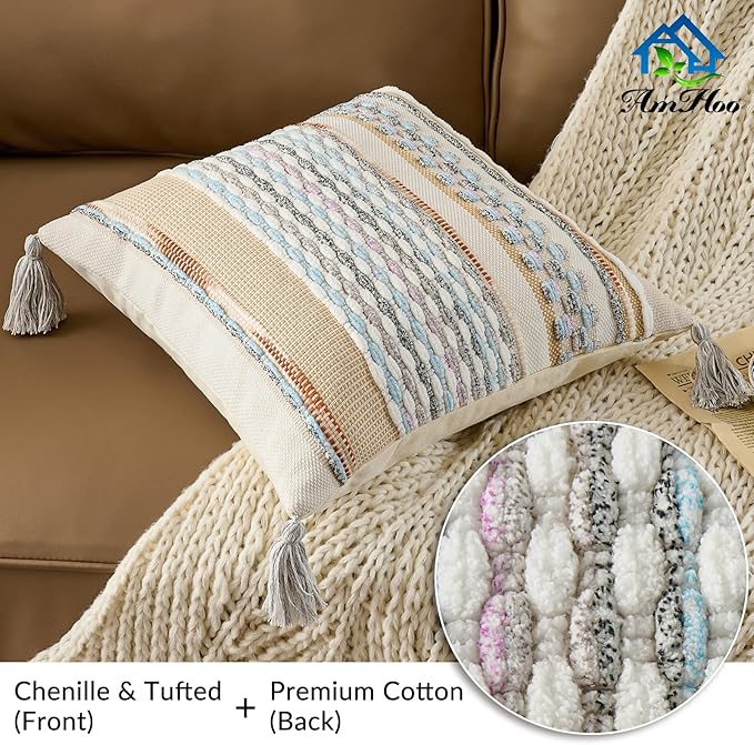AmHoo Set of 2 Chenille Striped Textured Boho Throw Pillow Covers Aesthetic with Tassels Woven Decorative Pillow Case for Couch Bed Sofa Bedroom Modern Funky 18 x 18-Inch White Multicolor