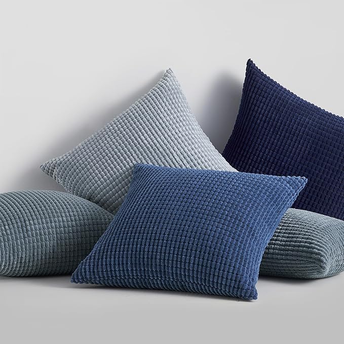 Topfinel 4 Packs Blue Decorative Throw Pillow Covers 24x24 Inch for Living Room Couch Bed Sofa, Boho Western Farmhouse Home Decor, Square Soft Moss Corduroy Fall Cushion Case 60x60 cm