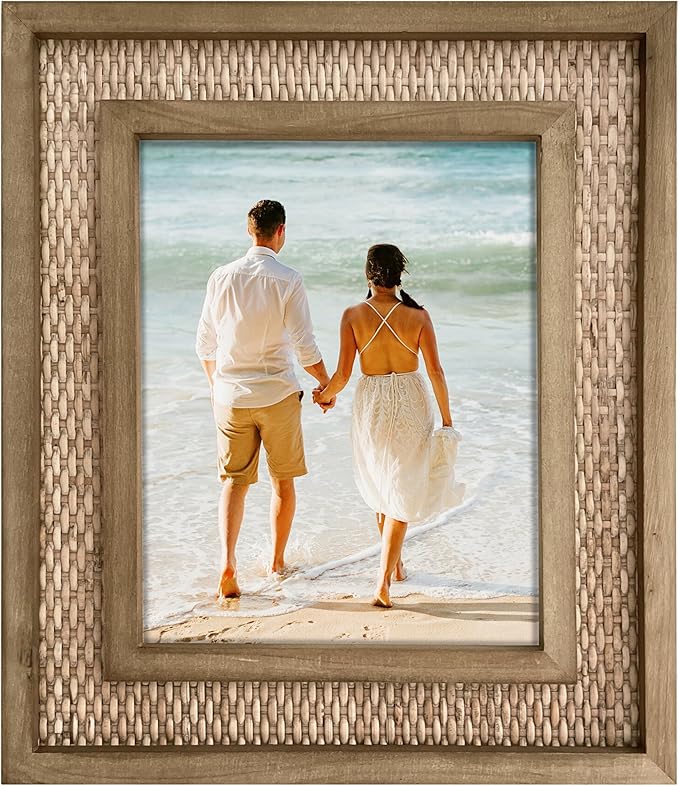 Rattan Picture Frame for 8x10 Photos | EACH UNIQUE Natural Fir Wood, Handwoven Rattan Mat, Boho Coastal Decor, Wall/Table Mount (12.5" x 14.5" Outer)