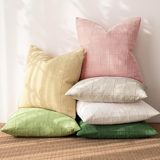 Foindtower Set of 2 Decorative Linen Check Throw Pillow Covers Neutral Farmhouse Lumbar Cushion Covers Modern Boho Accent Home Decor for Sofa Chair Couch Bedroom Living Room,12×20 Inch,Light Pink