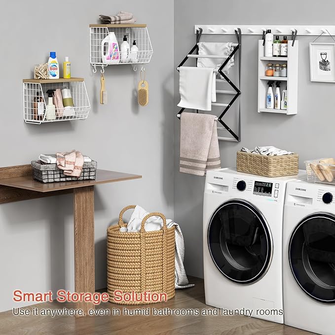 White Fruit Storage Basket for Kitchen Counter Set of 2, Wall Mount Wire Fruit Basket with Shelf with Banana Hanger, Hanging Countertop Organizer for Bathroom Pantry Cabinet, White + Natural