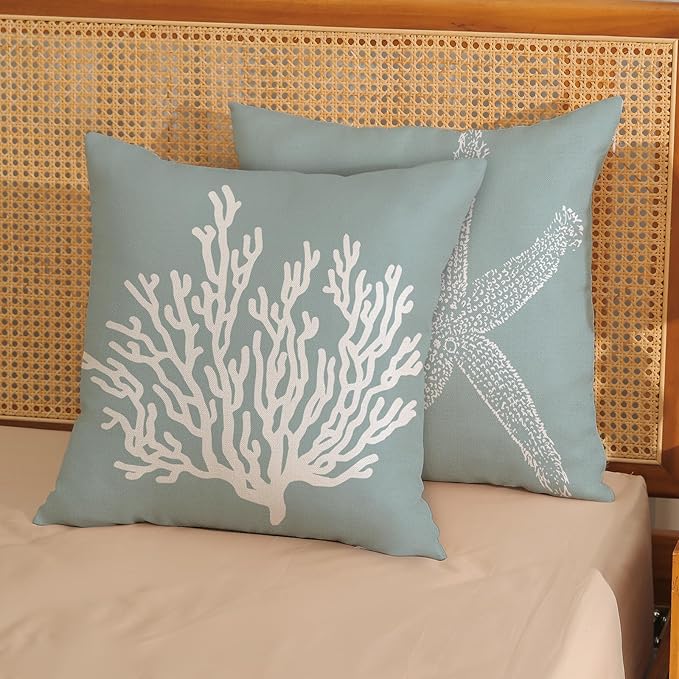 Coastal Pillow Covers 18x18 Inch Set of 2 Blue Coral Starfish Throw Pillows Nautical Ocean Decorations Summer Linen Beach Pillowcase Outdoor Decor Farmhouse Cushion Case for Home Living Room