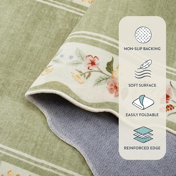 Lahome Floral 2'x 6' Washable Kitchen Runner Rug, Green Rug Runners for Hallways Non Slip, Scalloped Runner Rug Ultra-Thin Stain Resistant Boho Carpet for Entryway Bathroom Bedroom Ariele（Green，2x6ft）