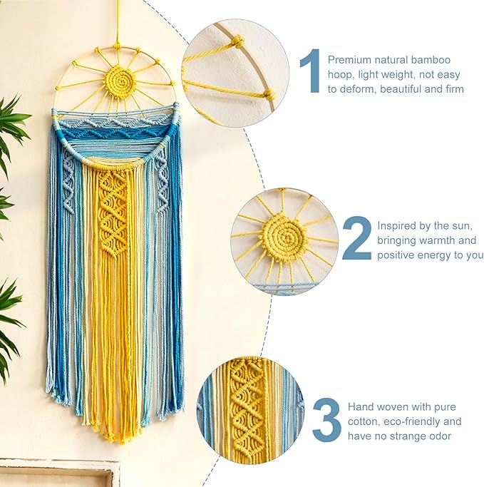 Artilady Mcrame Blue Sun Wall Decor Boho Hanging Tapestry Sunburst Wall Art, Rustic Woven Tapestries Big Dream Catcher Sunshine Decor for Bedroom Living Room Nursery (Blue Sunshine)