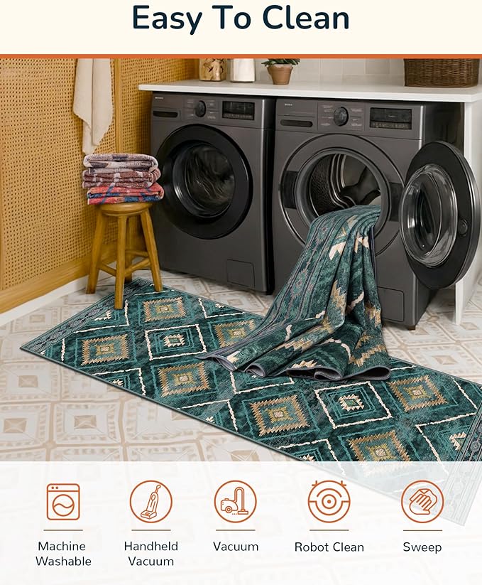 Area Rug 6x9 Rug Machine Washable Non-Slip Low Pile Print Pattern Western Rug for Living Room Bedroom Entryway Tribal Series -Teal/Green