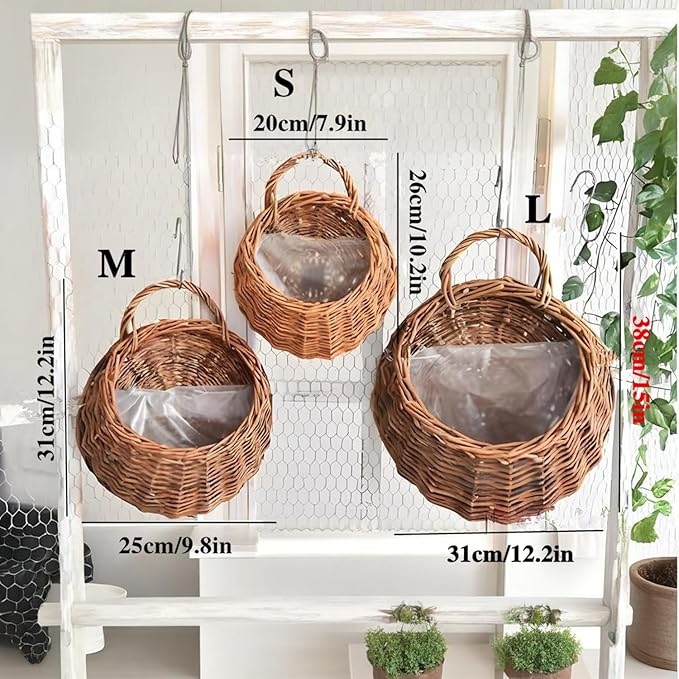 Wall Hanging Flower Basket, Handmade Wicker Hanging Basket for Plant Wall Mount Rattan Chlorophytum Comosum Hanging Basket for Front Door, Home, Garden. (M)