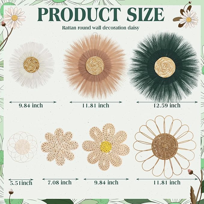 Chunful 7 Pcs Boho Wall Basket Decor Rattan Flower Wall Decor Nursery Daisy Flower Woven Macrame Hanging Flowers for Baby Kids Girls Farmhouse Bedrooms Living Rooms Kitchen Home(Emerald Green)