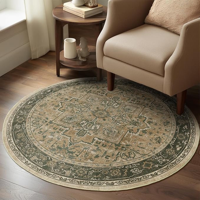 Washable Round Rugs 5ft, Low Pile Thin Circle Entryway Rugs Non Slip, Traditional Medallion Printed Circle Carpet 5 feet for Bedroom Living Room Kitchen Dining Room, Multi Brown/Green