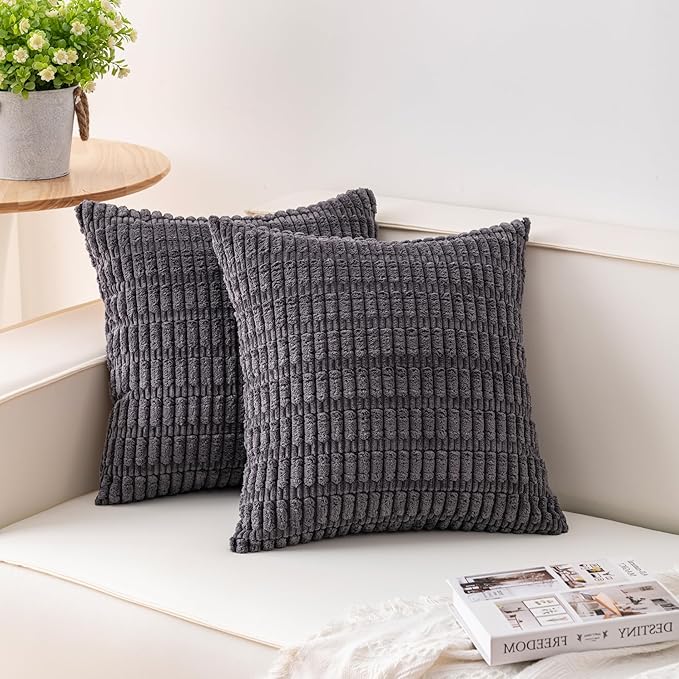 Pack of 2 Corduroy Decorative Throw Pillow Covers 22x22 Inch Soft Striped Pillow Covers Modern Farmhouse Home Decor for Sofa Living Room Couch Bed（Dark Grey）