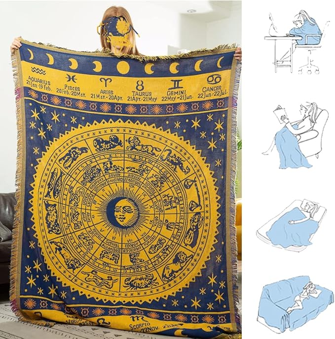 Boho Throw Blankets Woven Reversible Cotton Bohemian Tapestry Hippie Room Decor Witchy Astrology Zodiac Celestial Constellation Carpet Bed Recliner Chair Couch Sofa Cover Double Sided 50"x70"