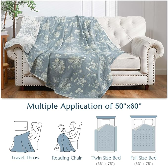 jinchan Boho 100% Cotton Muslin Twin Size 50x60 Inches Blanket Lightweight 4-Layer Quilted Soft Blue and White Floral Throw Blanket Green Accents Reversible Comfy Flower Breathable Summer Couch