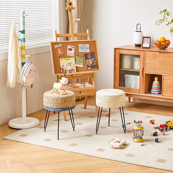 YMYNY Pouf Ottoman, Handmade Natural Water Hyacinth, Pastoral Style Footrest, Footstool with 4 Metal Legs Round Vanity Stool for Bedroom, Hallway, Living Room 12.59"L×12.59"W×17.71"H Beige UHBD029M