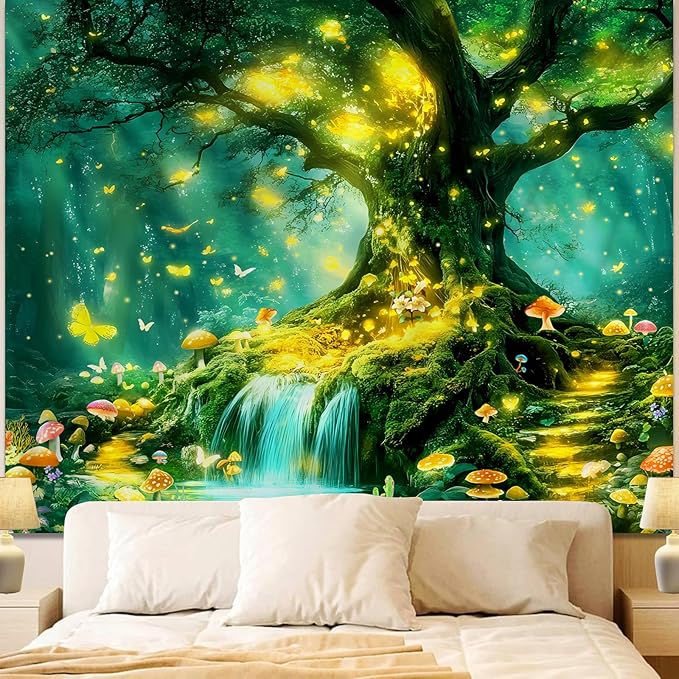 Apdidl Forest Nature Green Tapestry for Bedroom, Tree of Life Wall Art Big Tree Landscape Tapestries, Fairy Tales Fantasy Magical Butterfly Mushroom Backdrop Wall Hanging for Living Room Decor 51"X60"
