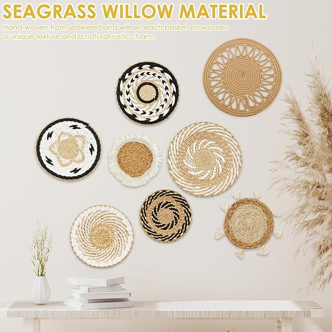 HJJWNDDNG 8 Pack Boho Wall Basket Decor Set, Hanging Woven Seagrass Rattan Wicker Boho Wall Decor, Round Farmhouse Wall Hanging Baskets Rustic Flat Wall Art for Living Room Bedroom Kitchen (Style 8)