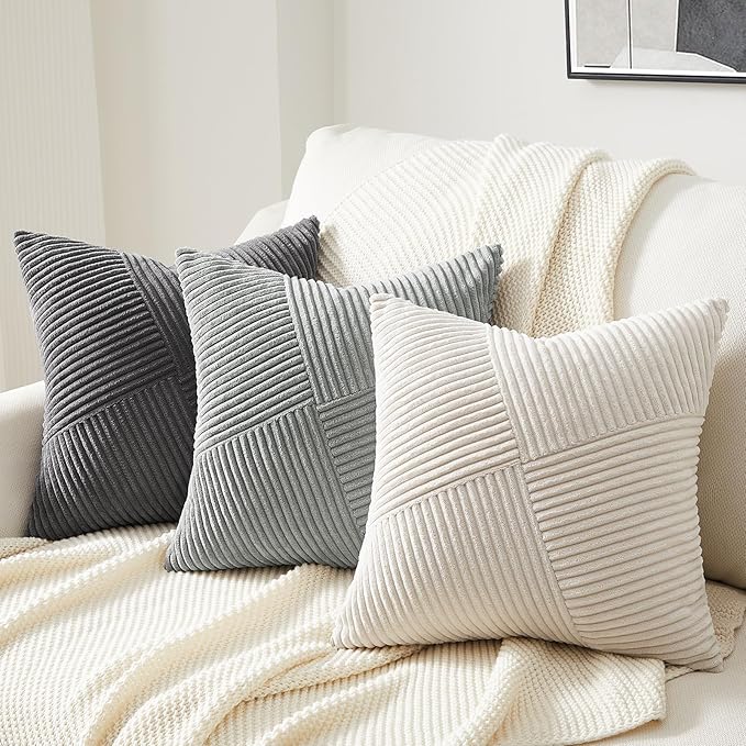 Topfinel Set of 2 LightGrey Decorative Throw Pillow Covers 12x12 Inch, Soft Corduroy Pillow Covers Windmill Textured Striped Patchwork Cushion Cases for Couch Sofa Bed Cute Aesthetic Home Decor