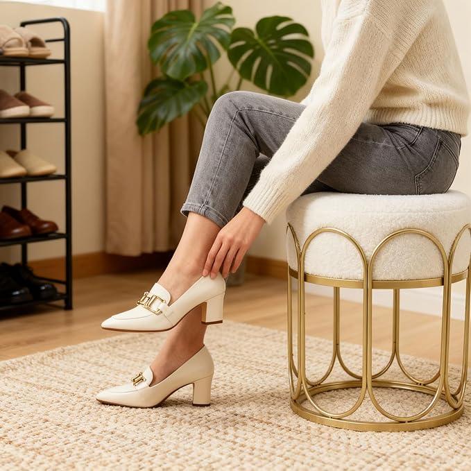 Already Installed Modern Gold metal Round Vanity Stool - White Sherpa Ottoman & Gold Frame Pouf, 17.7" Boucle Fuzzy Foot Rest for Bedroom Makeup, Small Plush Mid Century Chair (300lbs Capacity)