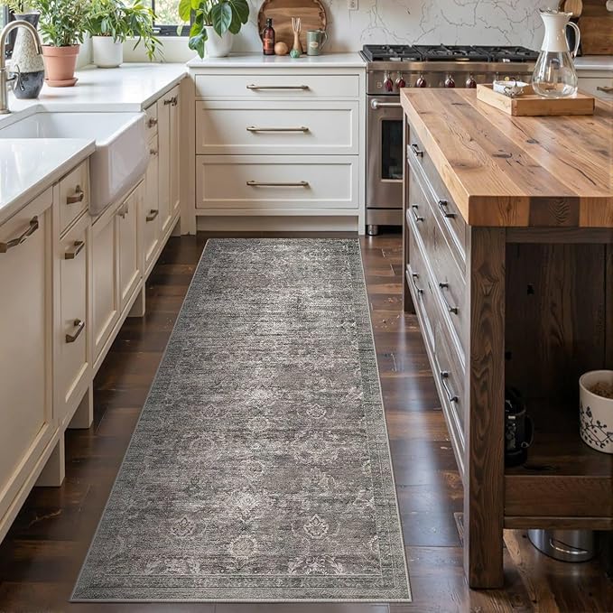 2x5 Runner Rug, Washable Kitchen Rugs, Grey Boho Vintage Floral Hallway Runner, Non Slip Low Pile Area Rug Carpet for Indoor Hallway, Kitchen, Laundry Room and Bathroom(Taupe/Grey 2x5ft)