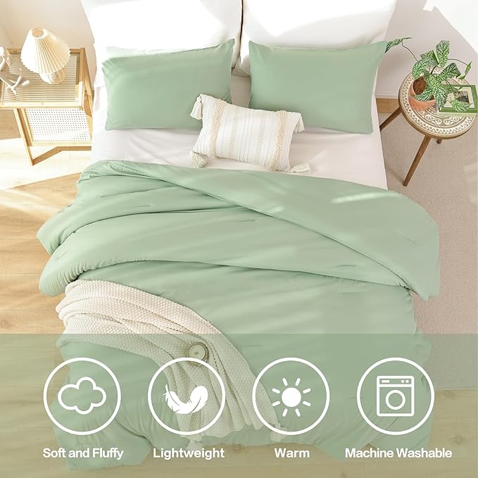 ROSGONIA Oversized King Comforter Sage Green, 3pcs(1 Boho Comforter & 2 Pillowcases), Lightweight Oversized King Size Comforter Sets Bedding Blanket