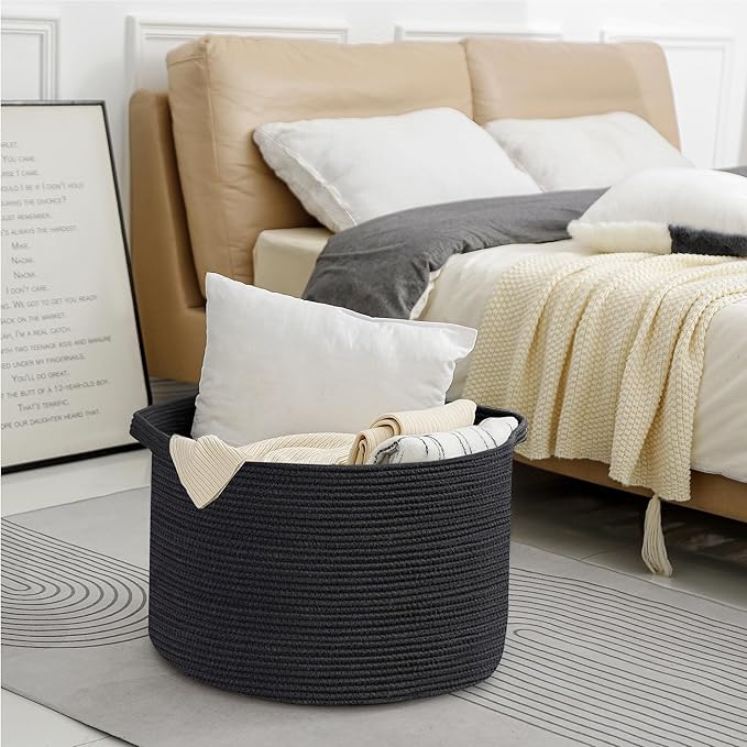 Large Black Blanket Basket, 22" X 22" X 14" Woven Rope Bin for Storage, Kids Dog Toy Storage Box Organizer Bins, Blanket Holder for Living Room, Decorative Wicker Basket for Organizing