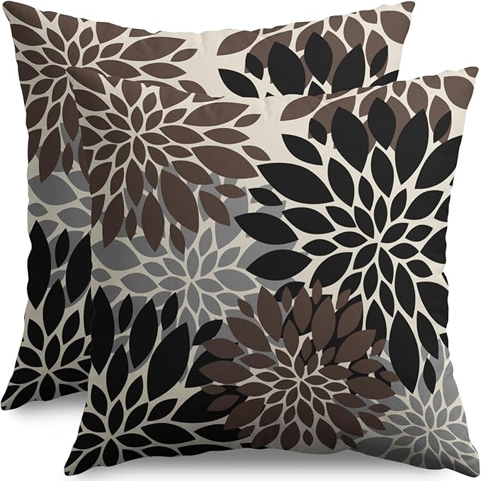 Black Dark Brown Pillow Covers 22X22 Inch Set of 2, Spring Summer Floral Dahlia Flower Cream Decorative Throw Pillow Covers Outdoor Modern Farmhouse Cushion Case for Home Couch Sofa Bed Decor