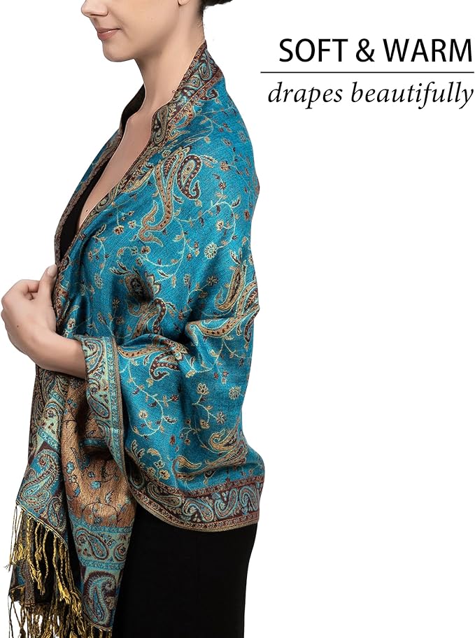 Achillea Reversible Paisley Pashmina Rave Scarf – Exotic Indian Shawls and Wraps for Evening Dresses, Festivals, All Seasons