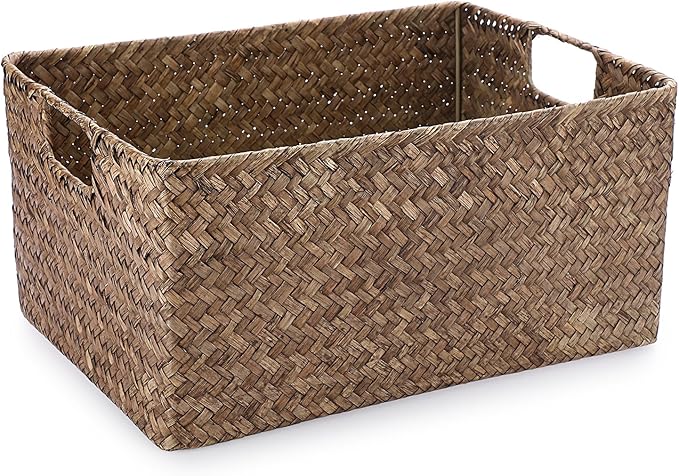 Hipiwe Seagrass Storage Opened Baskets Bin for Shelf Organizing Handwoven Wicker Baskets Rectangular Decorative Basket Closet Bedroom Organizer Bin Box Multipurpose Storage Basket with Handle