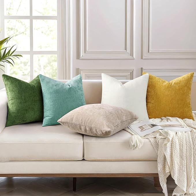 decorUhome Chenille Aqua Haze Spring Throw Pillow Covers 20x20 Inch Set of 2, Decorative Soft Couch Pillow Covers Solid Dyed Accent Farmhouse Neutral Square Pillow Cases for Sofa