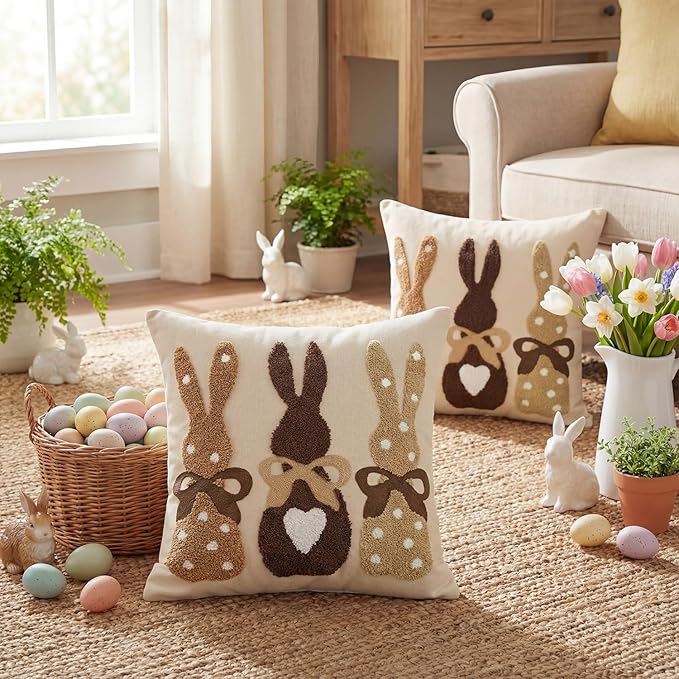 AVOIN colorlife Easter Polka Dot Love Heart Bunny Embroidered Throw Pillow Covers, 18 x 18 Inch Bow Rabbits Tufted Patterned Linen Decoration Cushion Case for Sofa Set of 2