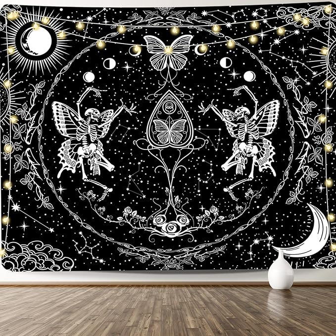 KJHL Skull Tapestry Black and White Skeleton Lovers Tapestries Aesthetic Large Gothic Butterfly Wall Hanging for Bedroom Living Room 59ʺ x 79ʺ