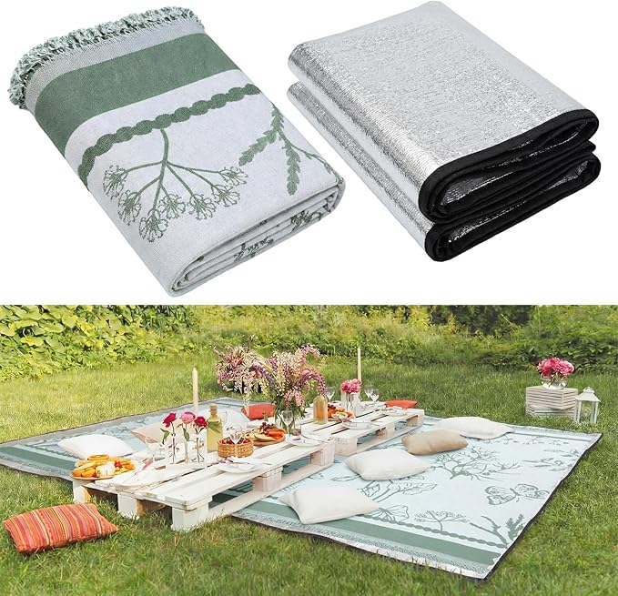 91x 71 in Extra Large Outdoor Picnic Blanket with Waterproof Mat Oversize Beach Woven Cotton Yarn Blanket with Fringe Machine Sandproof for Spring Summer Camping Beach Park(Plants,Green)