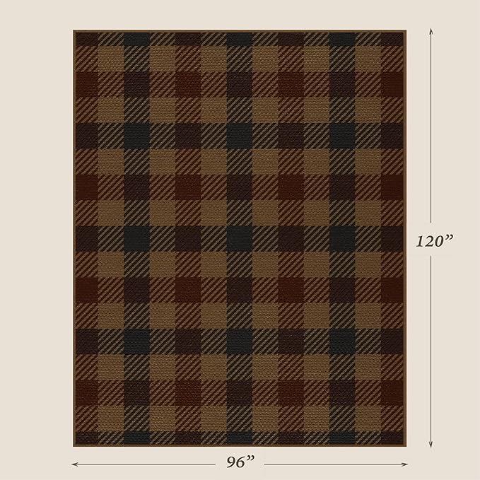 JTJ Vintage Large Plaid Area Rug for Living Room - Classic 8x10 Easy Jute Classic Brown and Red Rug for Bedroom, Dining Room, Outdoor Porch, Neutral Dark Brown Retro Décor