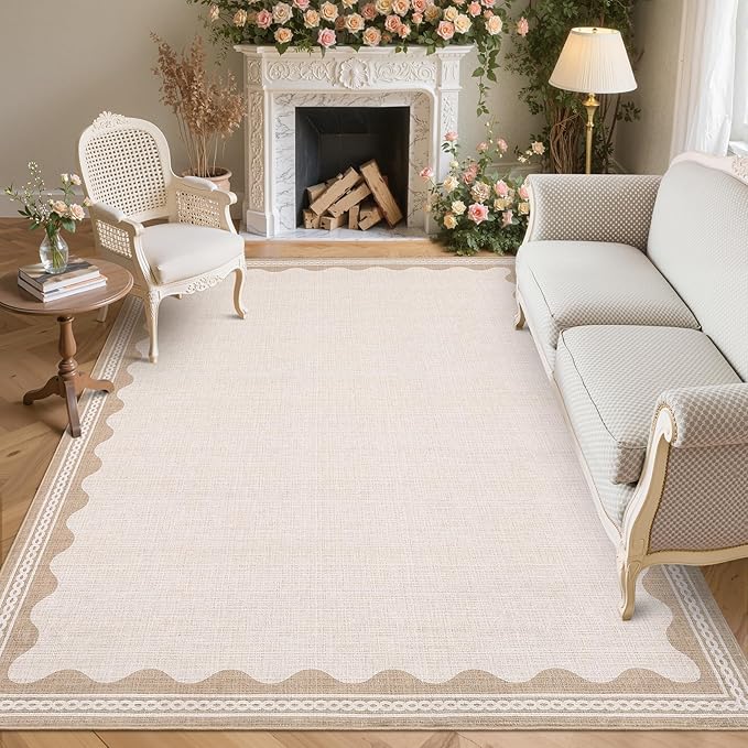 GarveeHome Scalloped Washable Rugs 5x7 Rug for Living Room, 5 x 7 Rug Solid Beige Modern Low-Pile Carpet for Bedroom Dining Nursery Non Slip Mat with Rubber Back