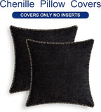 CaliTime Throw Pillow Covers Decorative 16 X 16 Inches Pack of 2 Cotton Thread Stitching Edges Solid Dyed Soft Chenille Cushion Cases for Couch Sofa Bed Living Room Farmhouse Black