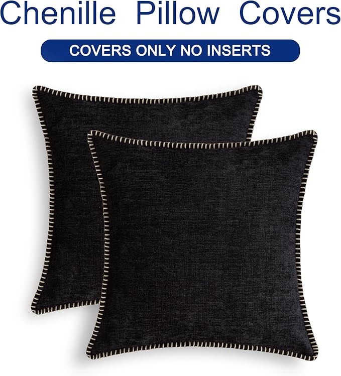 CaliTime Throw Pillow Covers Decorative 24 X 24 Inches Pack of 2 Cotton Thread Stitching Edges Solid Dyed Soft Chenille Cushion Cases for Couch Sofa Bed Living Room Farmhouse Black