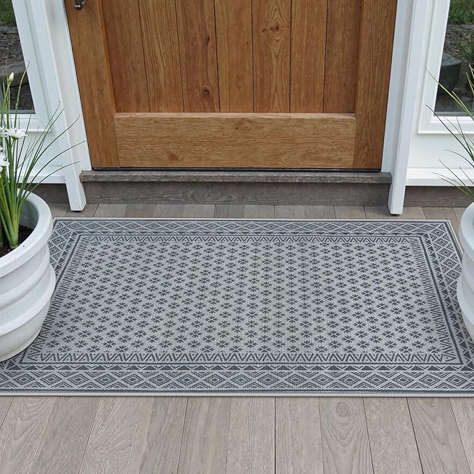 LIVEBOX Easy Jute Indoor Outdoor Rug 3x5 Front Porch, Gray Washable Outdoor Rugs for Entryway, Non Slip Geometric Area Rug for Living Room, Carpet Door Mat for Entry Front Door Patio Kitchen Bedroom