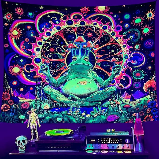 ARTCREATOR Blacklight Frog Mushroom Tapestry, Whimsical Hippie Wall Decor UV Reactive Tapestries Vintage Meditating Frog Tapestries for Living Room Bedroom (29" x 37")