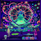 ARTCREATOR Blacklight Frog Mushroom Tapestry, Whimsical Hippie Wall Decor UV Reactive Tapestries Vintage Meditating Frog Tapestries for Living Room Bedroom (29" x 37")