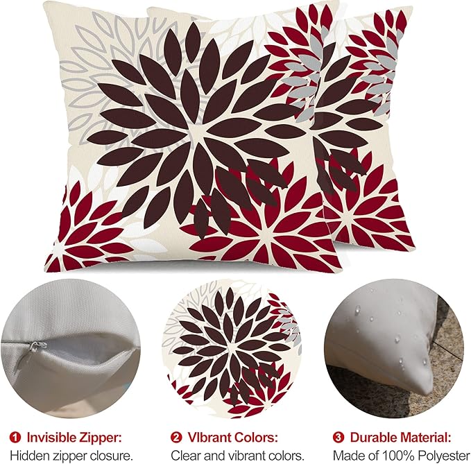 DFXSZ Red Brown Flower Pillow Covers 20x20 Inch Set of 2 White Gray Colored Throw Pillows Outdoor Waterproof Decor for Living Room Sofa Patio Funiture Garden Floral Polyester Pillow Covers 002L20