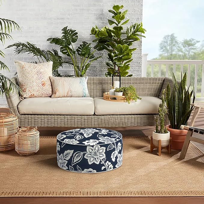 Indoor/Outdoor Inflatable Ottoman with Handle, Decorative Fade-Resistant Round Footstool D21 x H9 inch, Portable Ottoman Pouf for Patio Garden Camping, Elegant Vines Navy