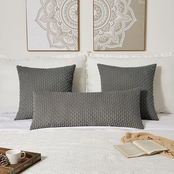 Kevin Textile 20x54 Inch Long Body Lumbar 1 Pack Boho Decorative Throw Pillow Cover Soft Striped Corduroy Rectangle Cushion Case Farmhouse Accent for Living Room Couch Sofa Bed, Dark Grey