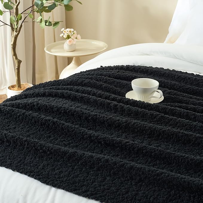 Throw Blanket for Couch, Black Luxury Knitted Throws 60"x80", Textured Blankets with Handmade Fringe Tassels for Bed Sofa Decorative, Chunky Soft Farmhouse Boho Home Decor