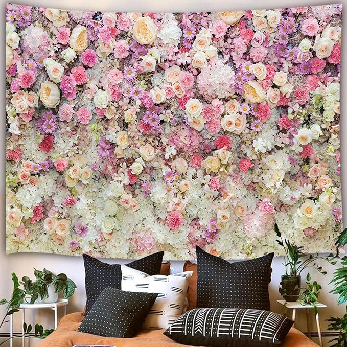 JAWO Floral Wall Tapestry for Girls, Colorful Pink Yellow Rose Flower Hanging Bedroom, Romantic Spring Aesthetic Beach Blanket College Dorm Home Decor (71" W X 60" H)